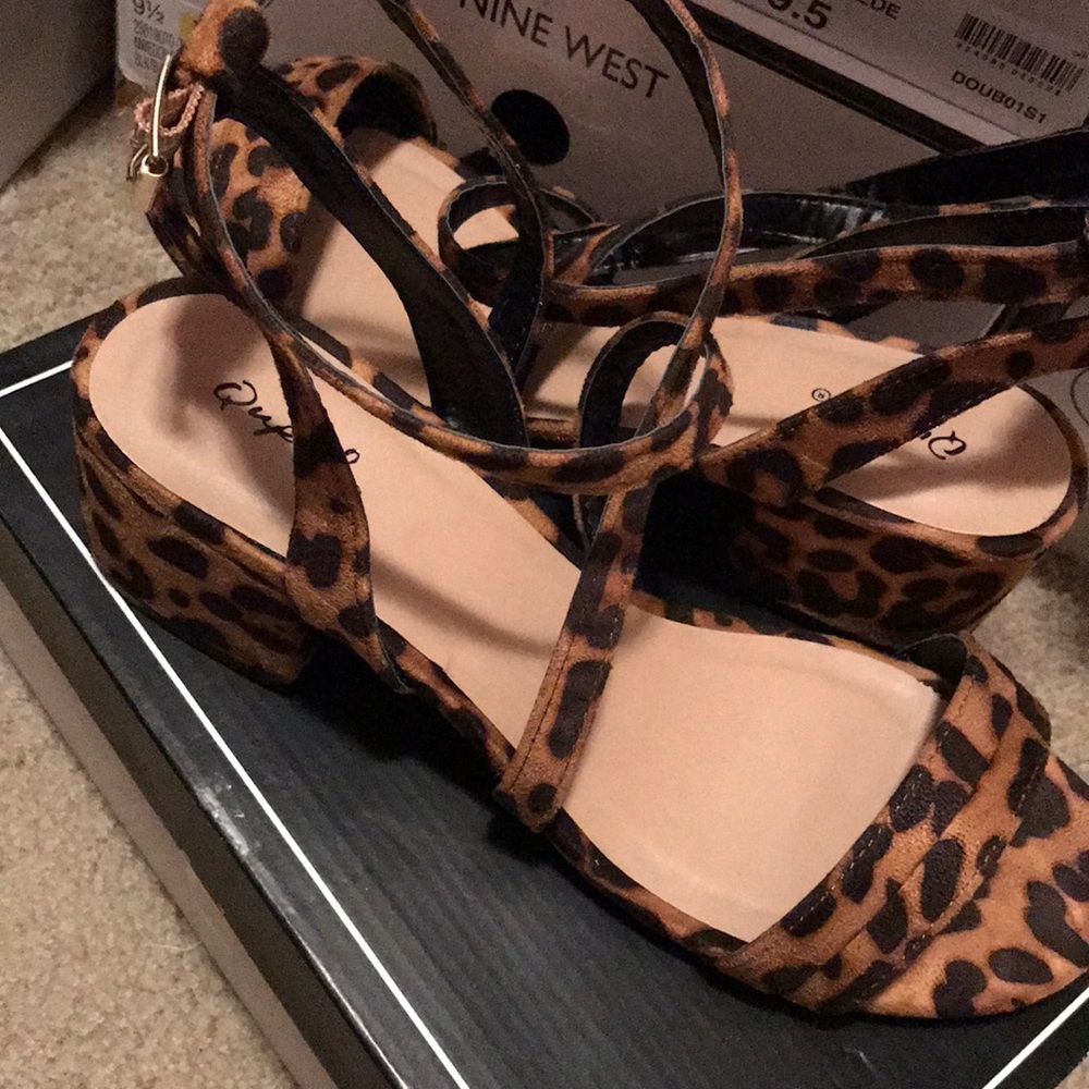 Qupid Leopard Print Strappy Block Heel Sandals - Brown Black